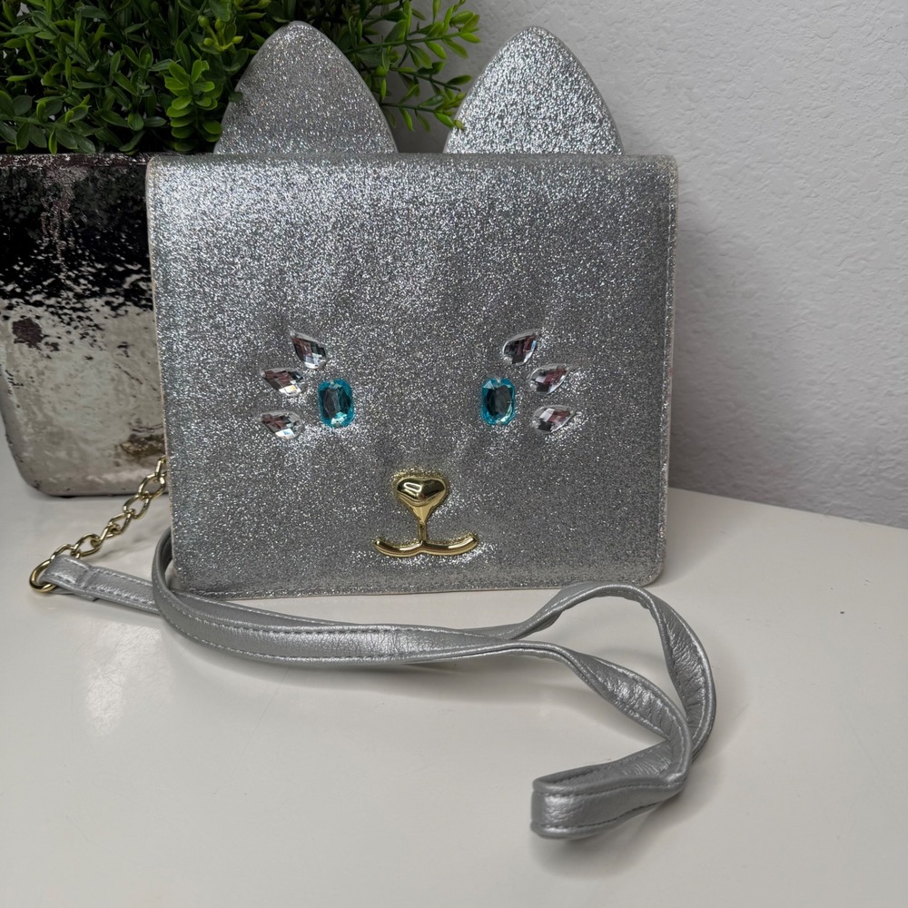 Luv Betsey Sparkle Cat Crossbody Bag Womens Silver Glitter Rhinestone‎ Kitsch
